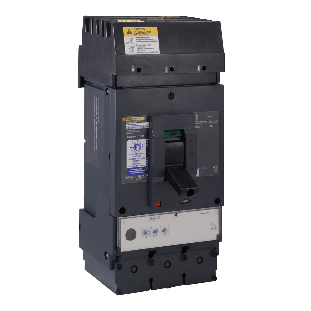 LGA36400U31XSA – Circuit breaker, PowerPacT L, 400A, 3 pole, 600VAC, 18kA, I-Line, Micrologic 3.3, 80%, ABC, shunt
