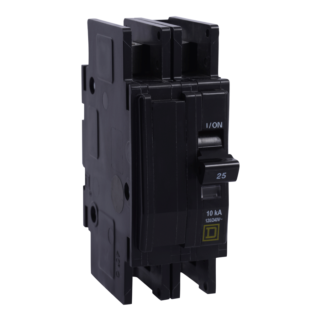 QOUR2253100 – Mini circuit breaker, QOU, 25A, 2 pole, 120/240 VAC, 10kA, field reversible lugs, mounting foot