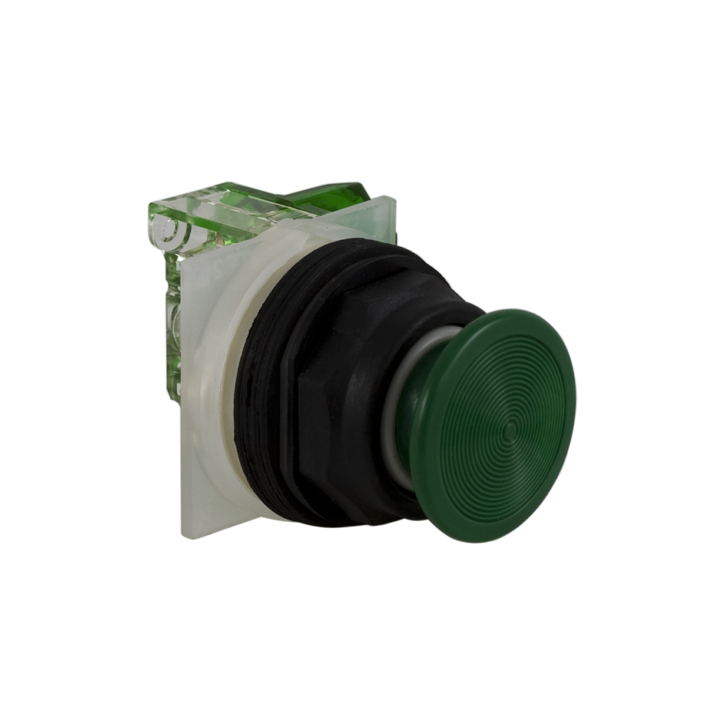 Mayer-DDS-Push-button, Harmony 9001SK, plastic, snap-in plastic mushroom 35mm, green, 30mm, spring return, 1 NO-1