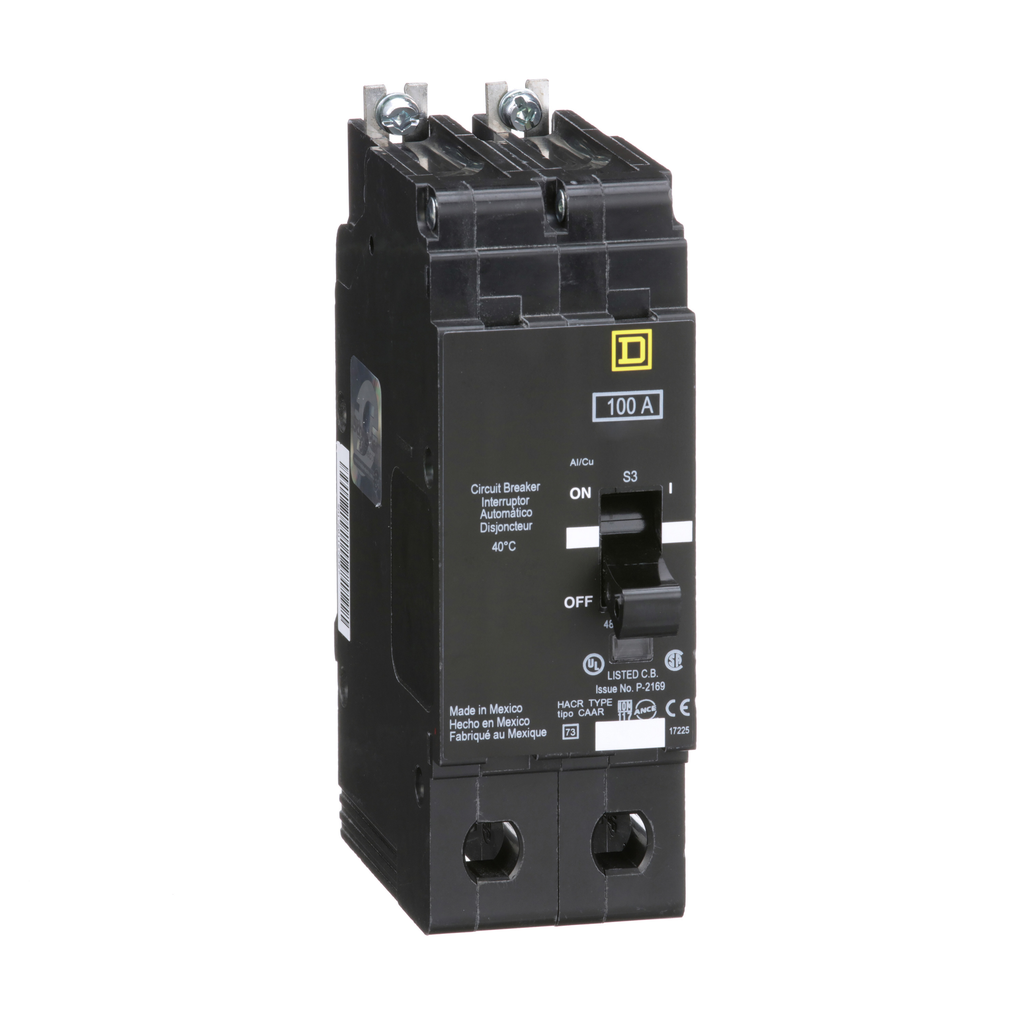 EJB24100 – Mini circuit breaker, E-Frame, 100A, 2 pole, 480Y/277VAC, 100kA max, bolt on
