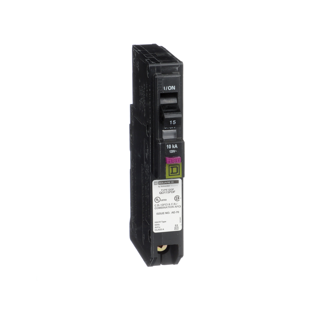 QO115PDFC – Mini circuit breaker, QO, 15A, 1 pole, 120VAC, 10kA, plug in, dual function, plug on neutral, clam
