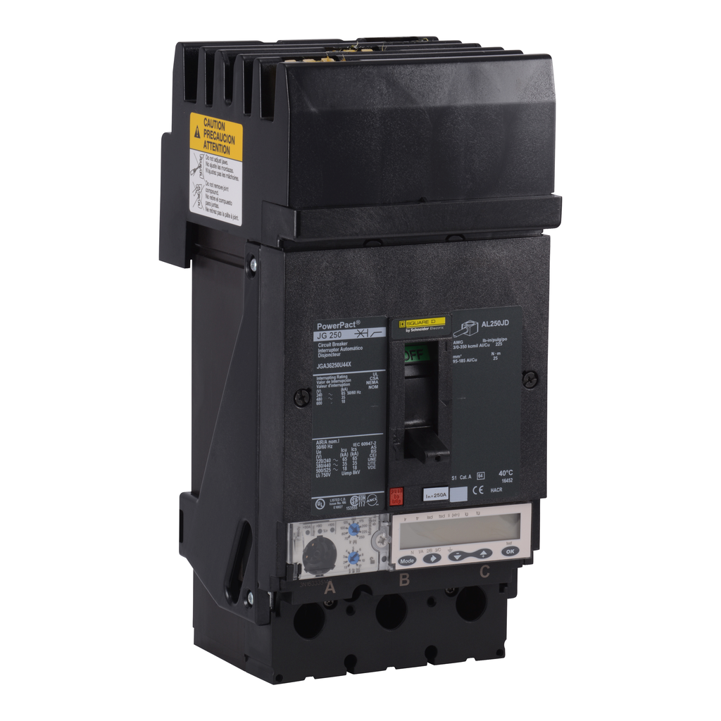 JGA36250U44X – Circuit breaker, PowerPacT J, 250A, 3 pole, 600VAC, 18kA, I-Line, Micrologic 6.2A, 80%, ABC