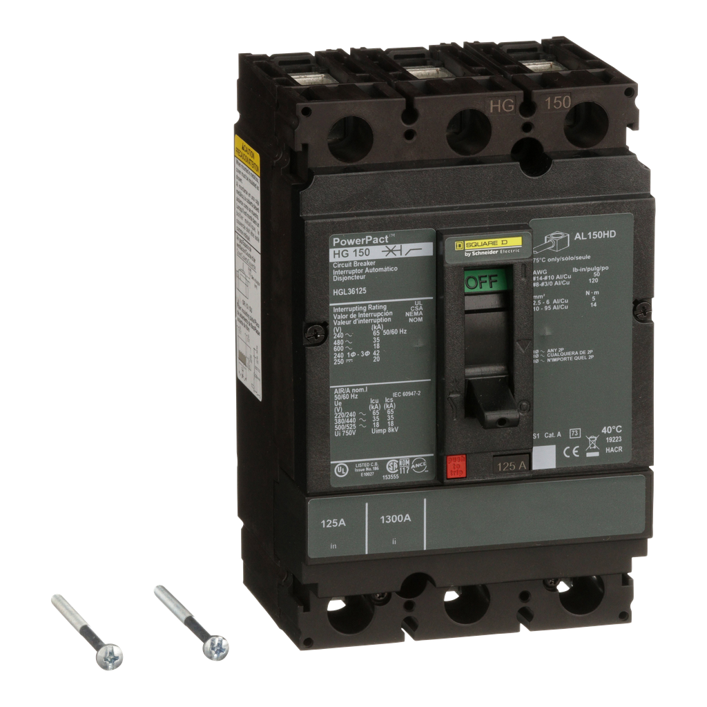 HGL36125 – Circuit breaker, PowerPacT H, 125A, 3 pole, 600VAC, 18kA, lugs, thermal magnetic, 80%