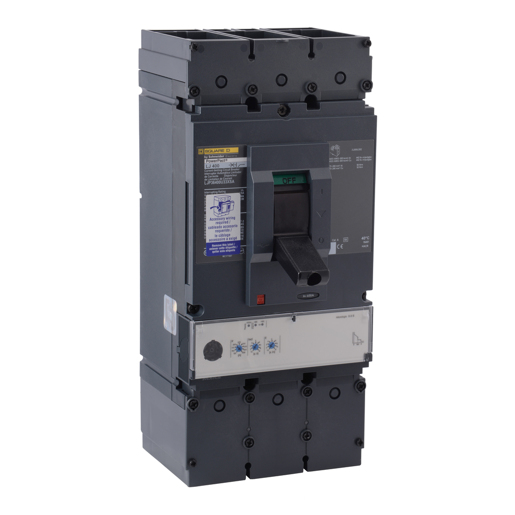 LJP36400U33X – Circuit breaker, PowerPacT L, 400A, 3 pole, 600VAC, 25kA, lugs, MicroLogic 3.3S, 80%