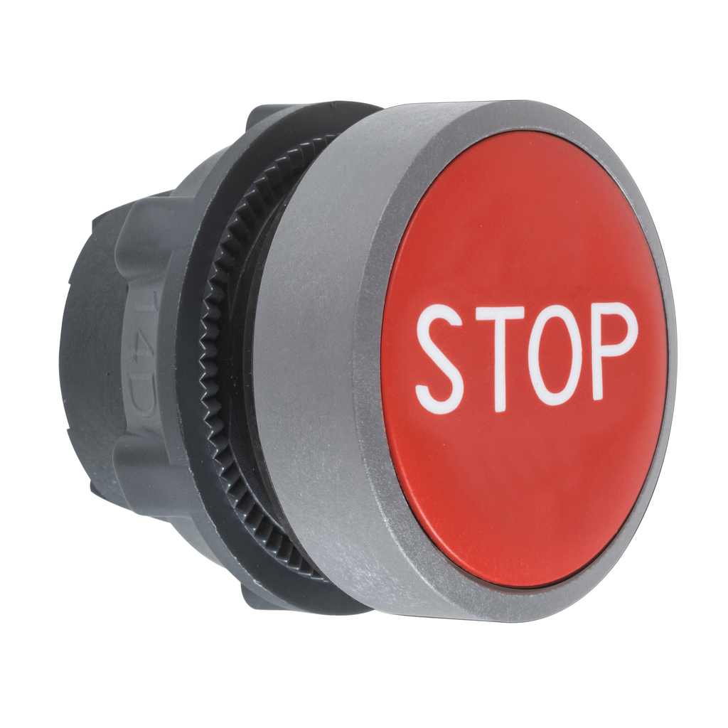 ZB5AA434C0 – Push button head, Harmony XB5, plastic, flush, red, 22mm, spring return, marked STOP, grey bezel