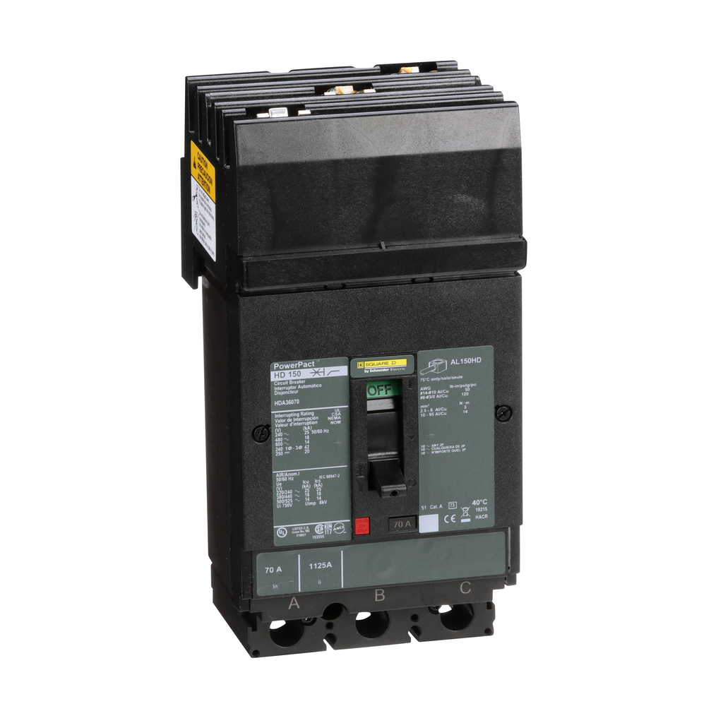 HDA36070 – Circuit breaker, PowerPacT H, 70A, 3 pole, 600VAC, 14kA, I-Line, thermal magnetic, 80%, ABC