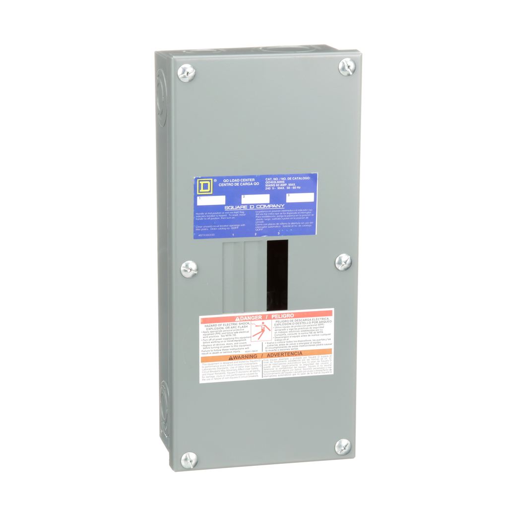 QO403L60NS – Load center, QO, 3 phase, 3 spaces, 3 circuits, 60A main lugs, NEMA1, neutral gnd bar, surface cover