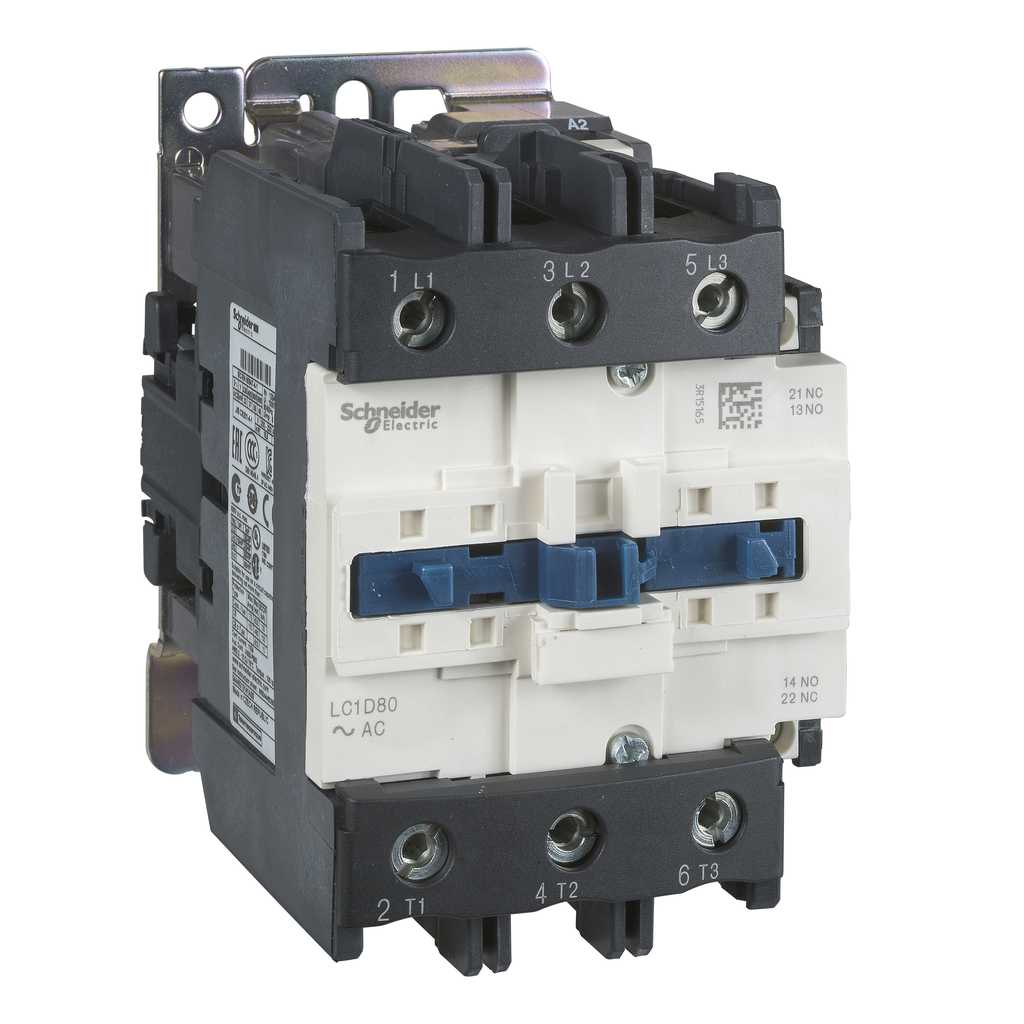 LC1D80U7M – IEC contactor, TeSys Deca, nonreversing, 80A, 60HP at 480VAC, up to 100kA SCCR, 3 phase, 3 NO, 240VAC 50/60Hz coil, w/o cover
