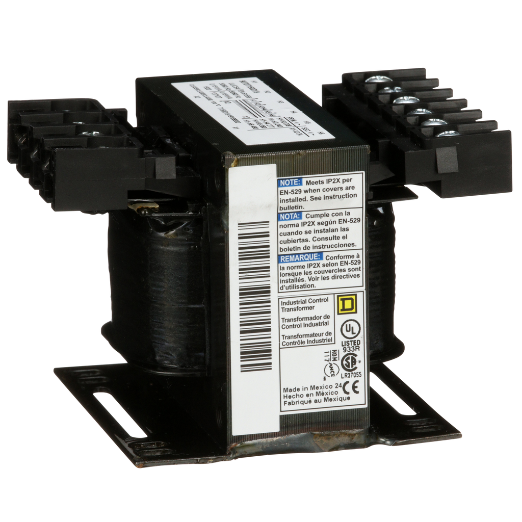 9070T150D19 – Transformer, Type T, industrial control, 150VA, 1 phase, 208/240/277/380/480V primary, 24V secondary, 55C rise