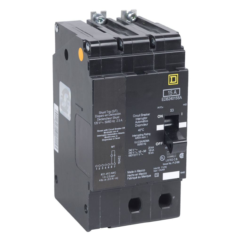 EDB24015SA – Mini circuit breaker, E-Frame, 15A, 2 pole, 480Y/277VAC, 25kA max, bolt on, shunt trip