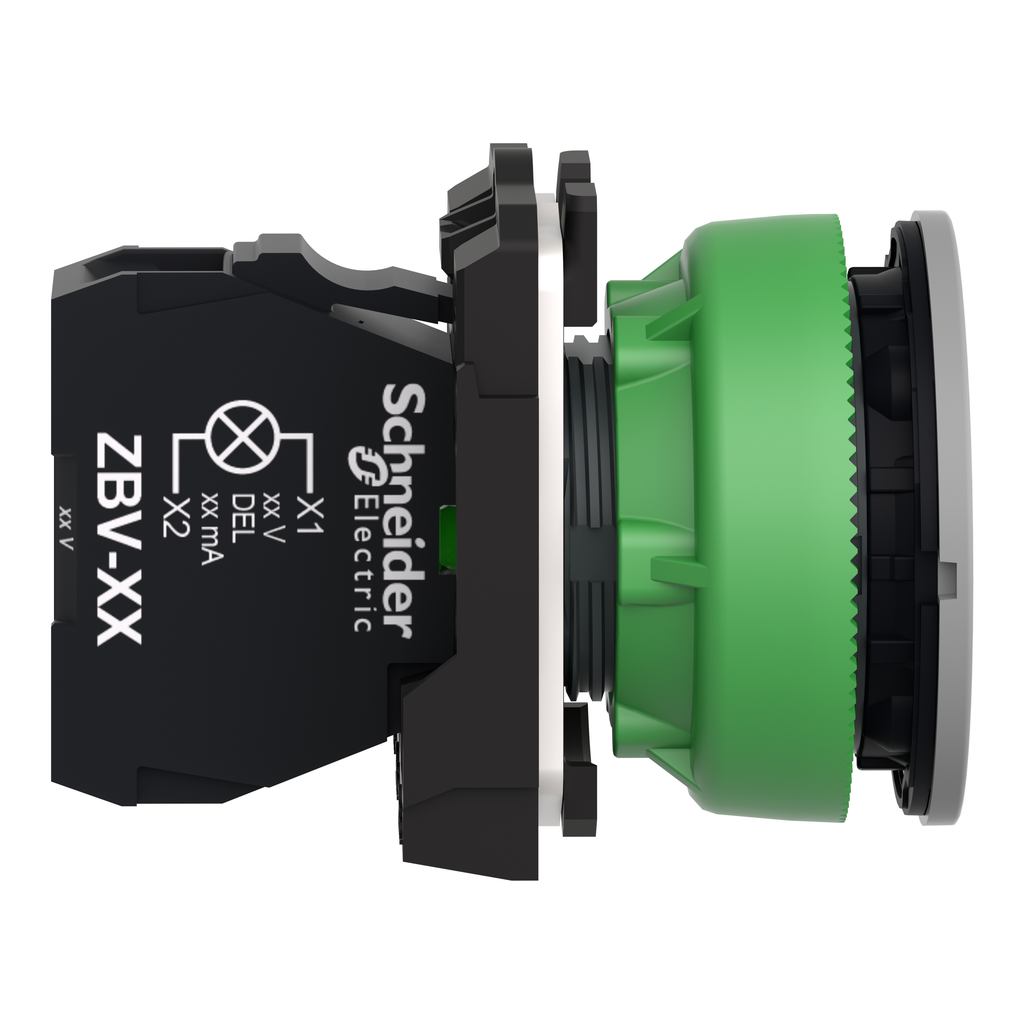 XB5FVM4C0 – Pilot light, Harmony XB5, red flush mounted, grey bezel, 30mm, universal LED, plain lens, 230…240V