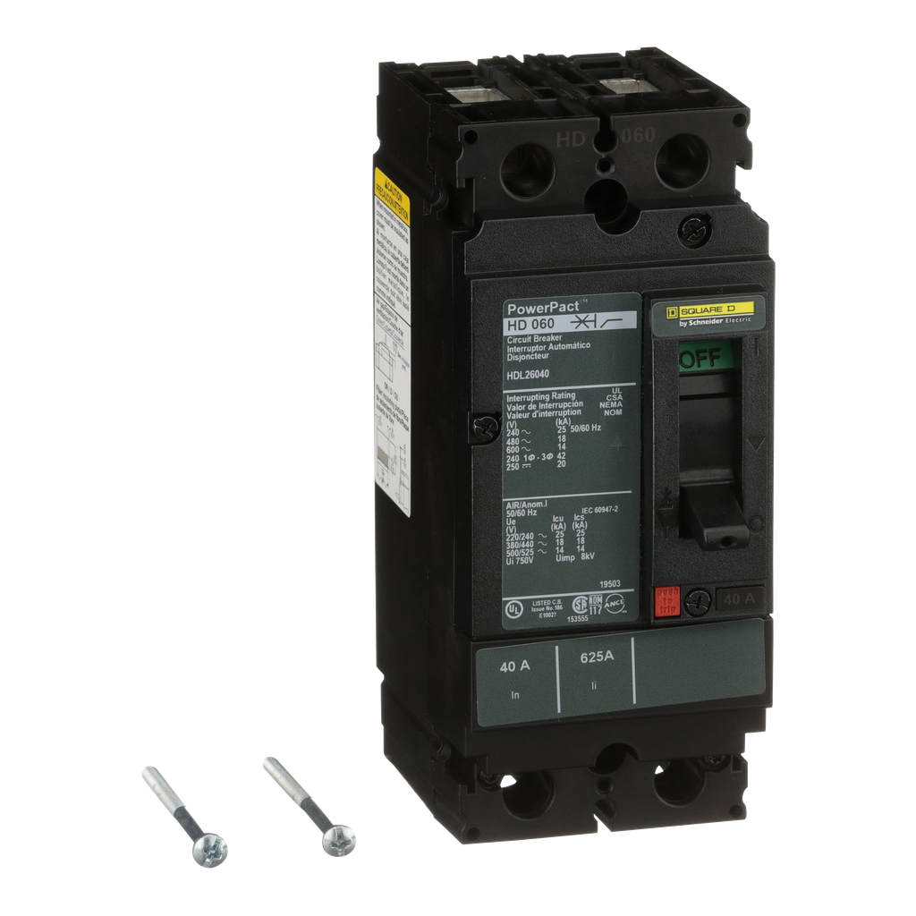 HDL26040 – Circuit breaker, PowerPacT H, 40A, 2 pole, 600VAC, 14kA, lugs, thermal magnetic, 80%