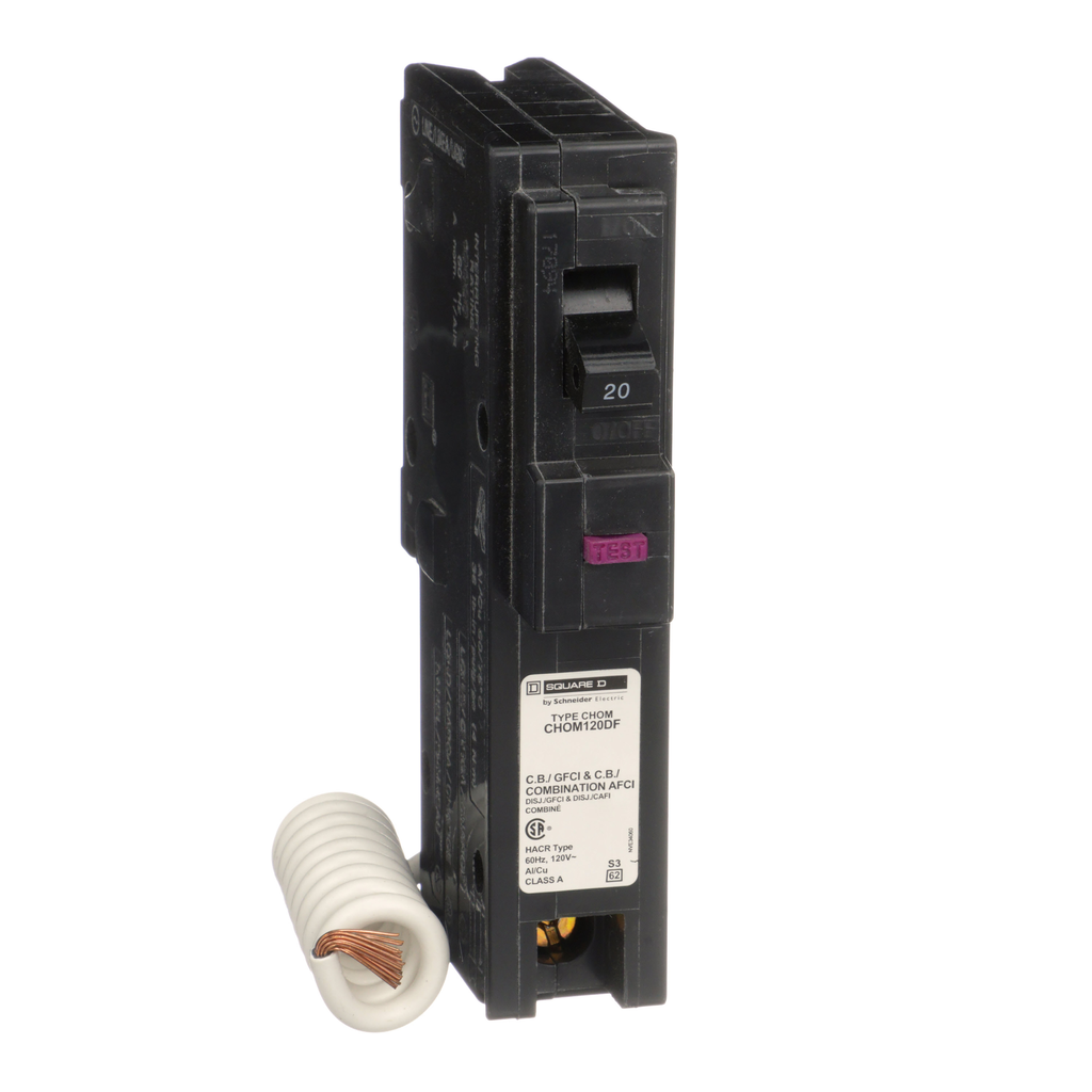 CHOM120DF – Mini circuit breaker, Homeline, 20A, 1 pole, 120VAC, 10kA AIR, combo ARC/ground fault, plug in, UL