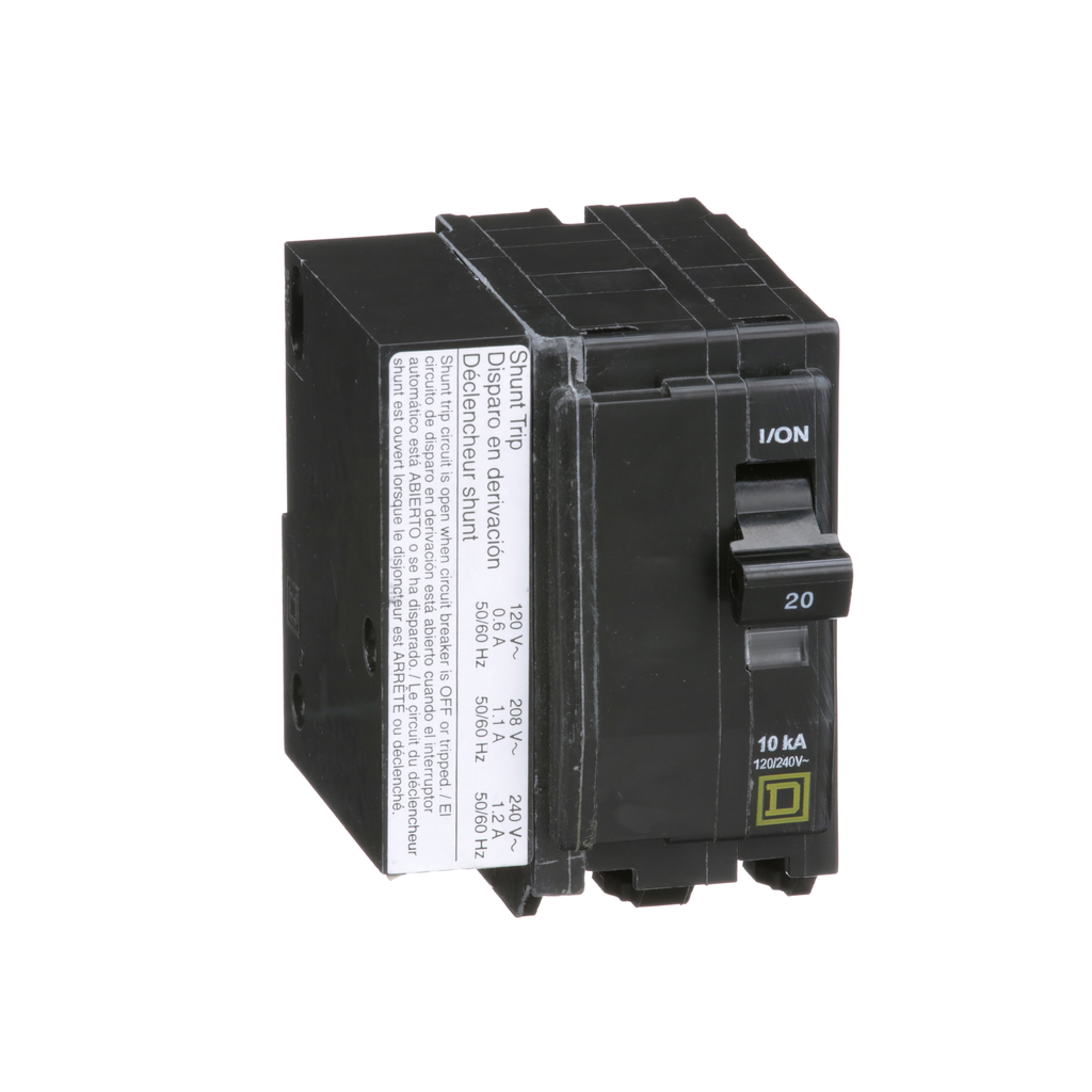 QO2201021 – Mini circuit breaker, QO, 20A, 2 pole, 120/240VAC, 10kA, plug in, AC shunt