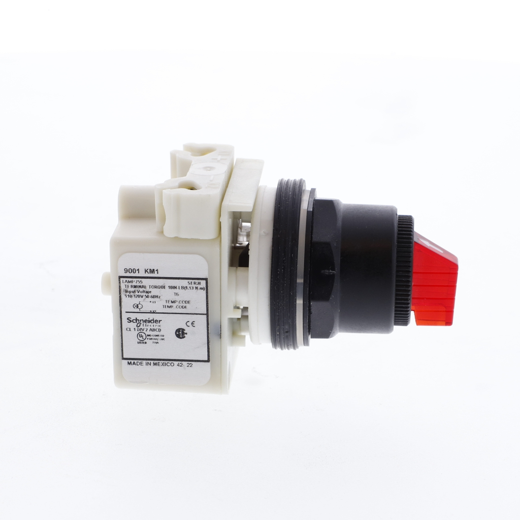 Mayer-DDS-Illuminated selector switch head, Harmony 9001SK, plastic, standard handle, red, 30mm, 3 positions, stay put, 110-120V-2
