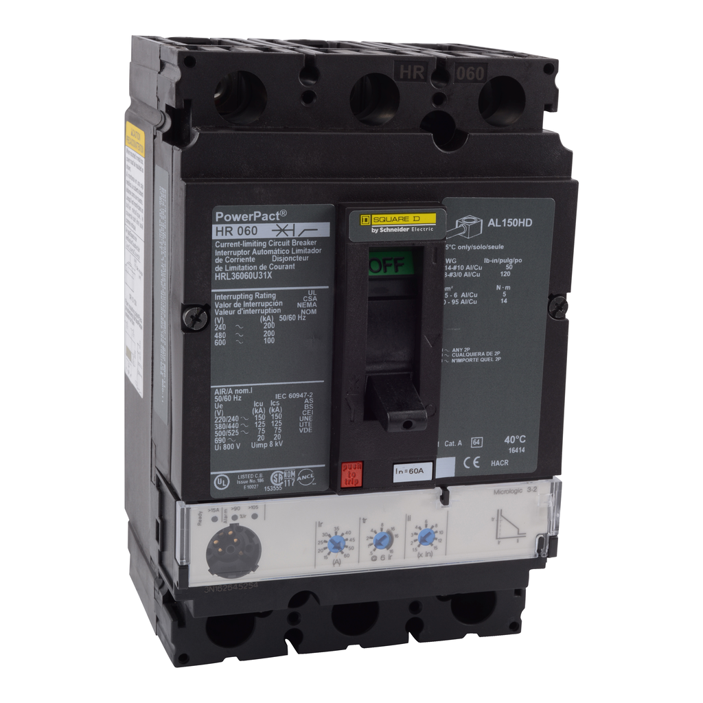 HRL36060CU31X – Circuit breaker, PowerPacT H, 60A, 3 pole, 600VAC, 100kA, lugs, Micrologic 3.2, 100%