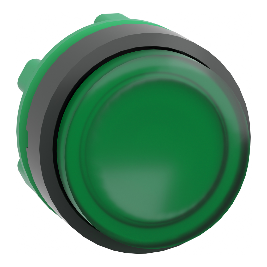 ZB5AW133 – Head for illuminated push button, Harmony XB5, green projecting, 22mm, universal LED, spring return, unmarked