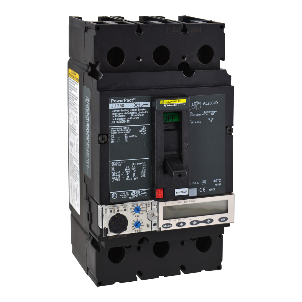 JJL36250U43X – Circuit breaker, PowerPacT J, 250A, 3 pole, 600VAC, 25kA, lugs, Micrologic 5.2A, 80%