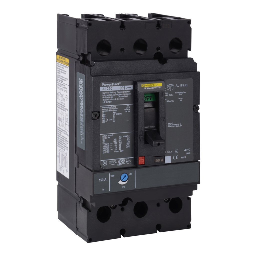JJL36175C – Circuit breaker, PowerPacT J, 175A, 3 pole, 600VAC, 25kA, lugs, thermal magnetic, 100%