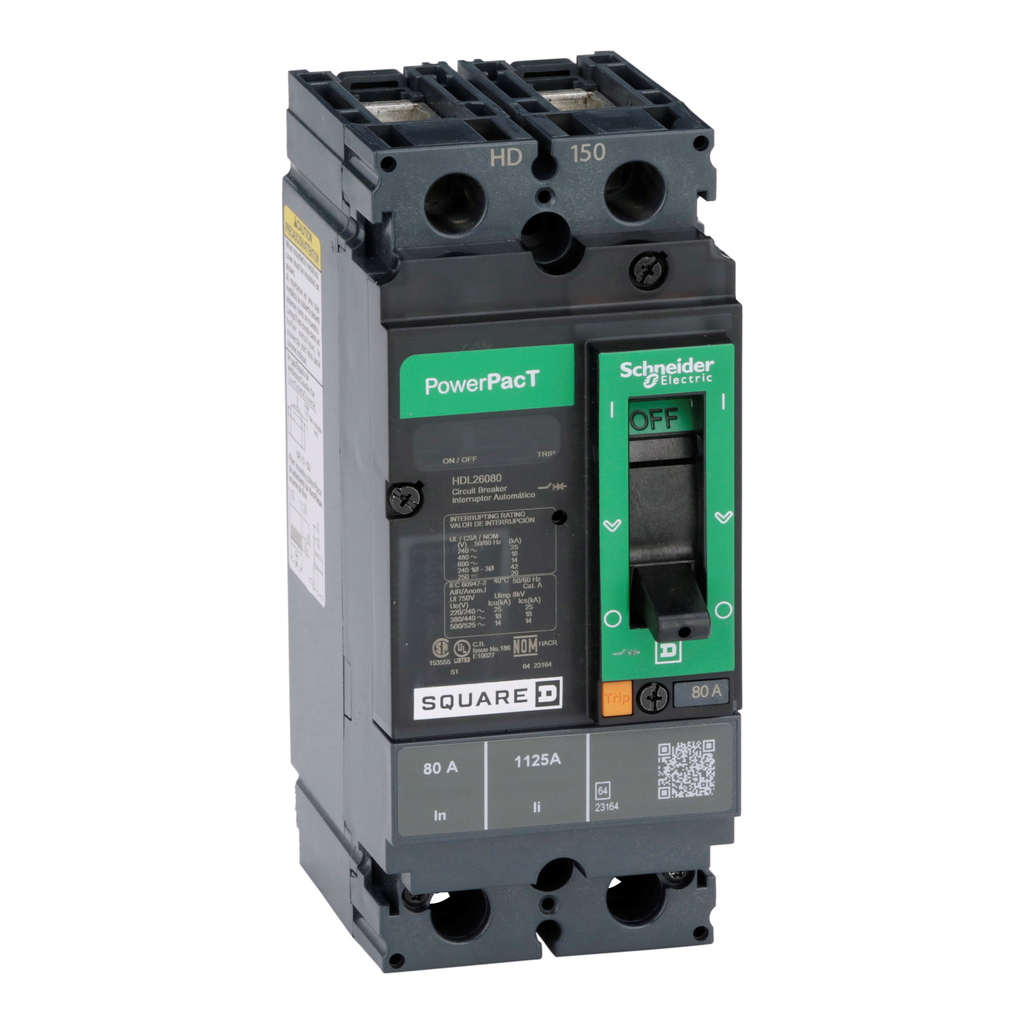 HDL26080 – Circuit breaker, PowerPacT H, 80A, 2 pole, 600VAC, 14kA, lugs, thermal magnetic, 80%