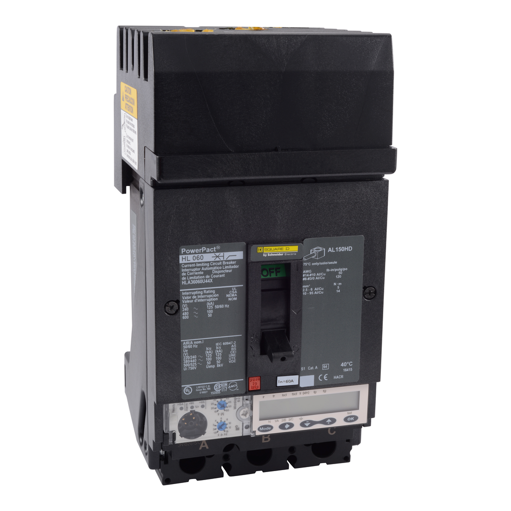 HLA36060U44X – Circuit breaker, PowerPacT H, 60A, 3 pole, 600VAC, 50kA, I-Line, Micrologic 6.2A, 80%, ABC