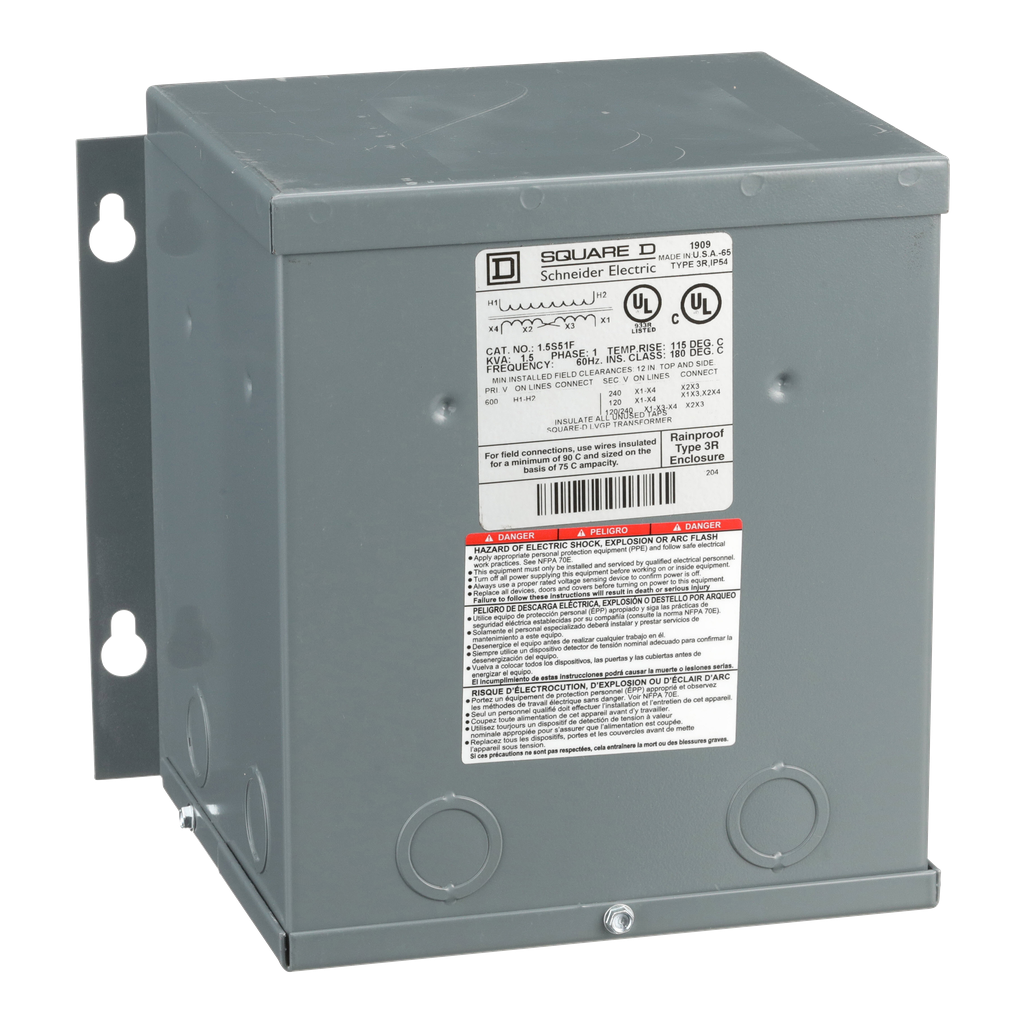 1.5S51F – Transformer, dry type, encapsulated, 1.5kVA, 1 phase, 600V primary, 120/240V secondary, 8A, 115C rise