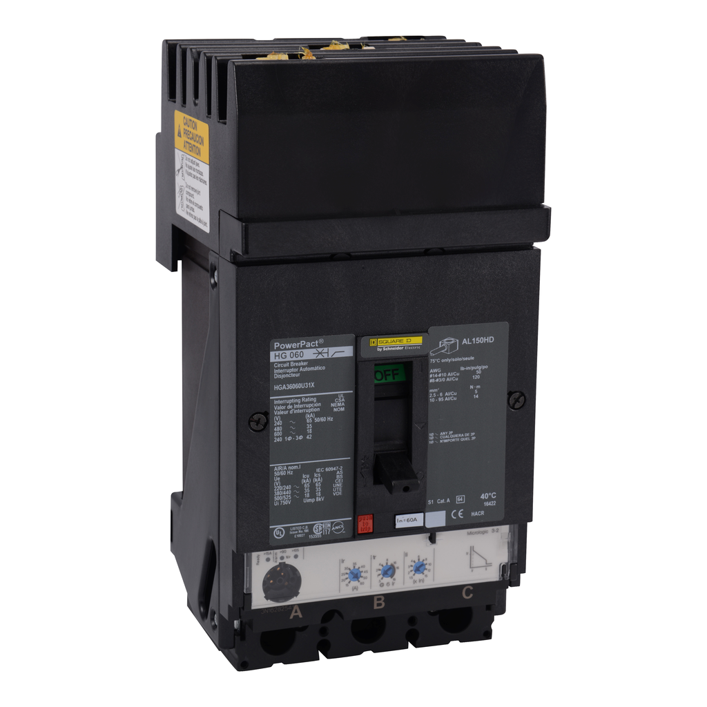 HDA36060U33X – Circuit breaker, PowerPacT H, 60A, 3 pole, 600VAC, 14kA, I-Line, Micrologic 3.2S, 80%, ABC