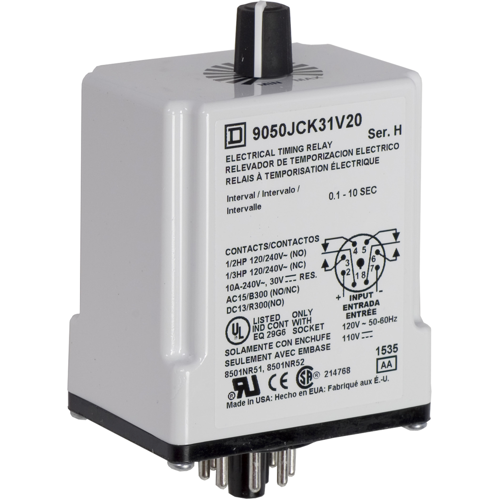 9050JCK31V20 – Timing Relay, Type JCK, plug In, interval, adjustable time, 0.1 to 10 seconds, 10A, 240VAC, 120VAC/110VDC