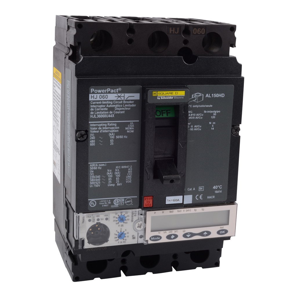 HJL36060U44X – Circuit breaker, PowerPacT H, 60A, 3 pole, 600VAC, 25kA, lugs, Micrologic 6.2A, 80%