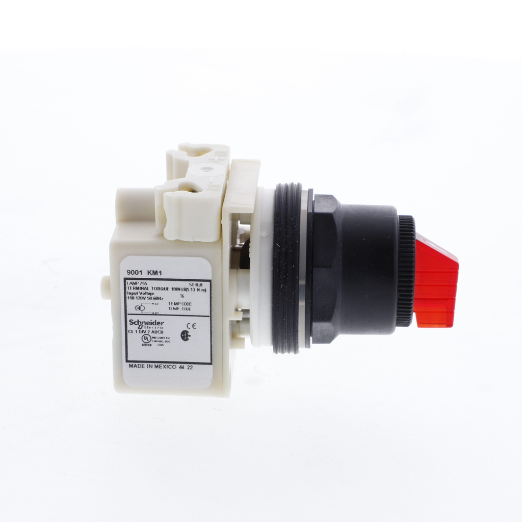 Mayer-DDS-Illuminated selector switch head, Harmony 9001SK, plastic, standard handle, red, 30mm, 3 positions, return both sides to center, 110-120V-2
