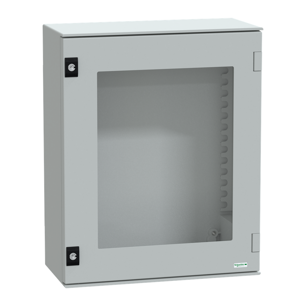 NSYPLM54TG – Wall mounted polyester enclosure, Thalassa PLM, glazed door, 530x430x200mm, IP66, IK08, RAL 7035