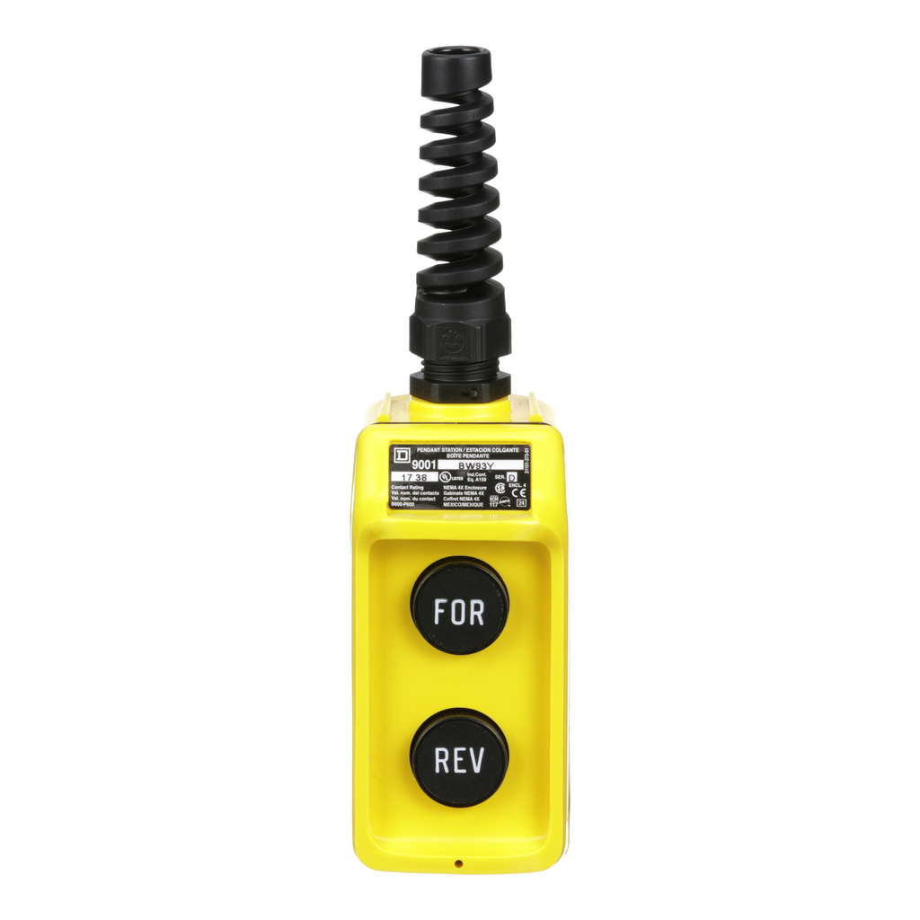 Mayer-DDS-Pendant Station, 2 mechanically interlocked push buttons, NO contacts, FORWARD REVERSE, yellow enclosure, 600 VAC 5 A-2