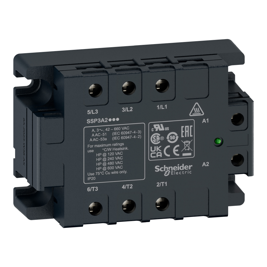 SSP3A250B7T – three phase relay, Harmony Solid State Relays, 50A, panel mount, zero voltage switching, thermal pad, input 18 to 36V AC, output 42 to 660V AC