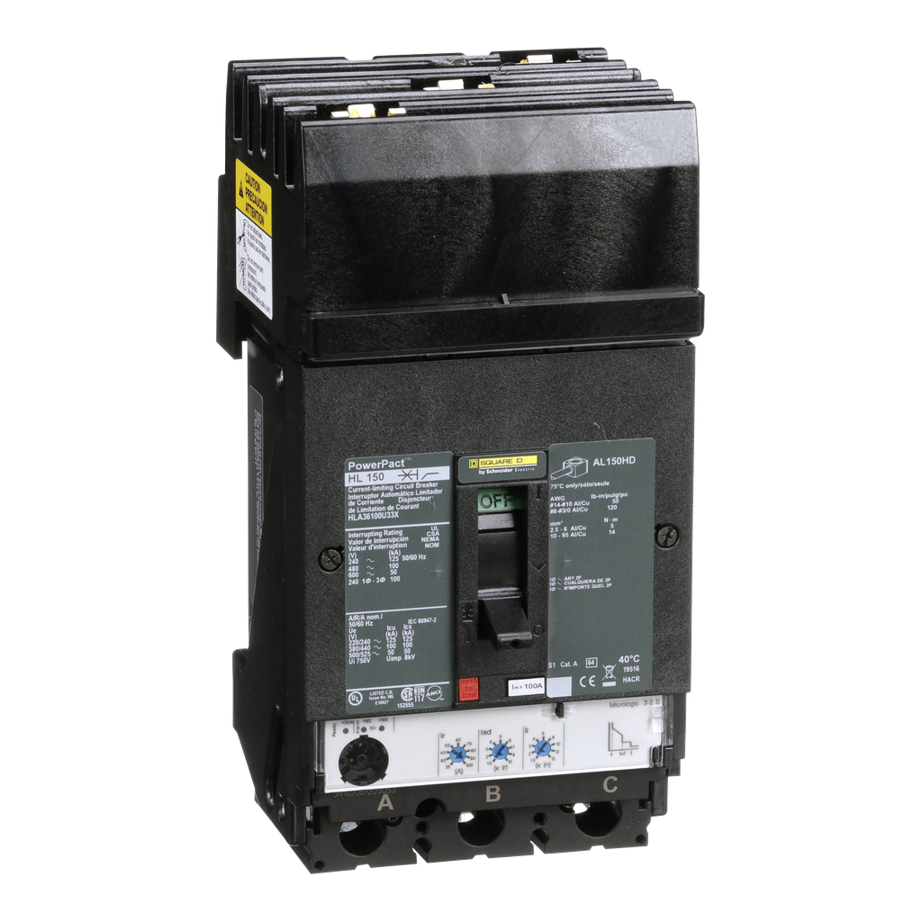 HLA36100U33X – Circuit breaker, PowerPacT H, 100A, 3 pole, 600VAC, 50kA, I-Line, Micrologic 3.2S, 80%, ABC