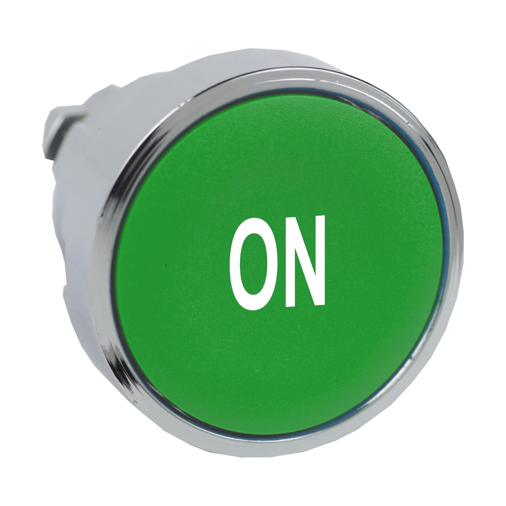 Mayer-DDS-Head for illuminated push button, Harmony XB4, metal, green flush, 22mm, spring return, white marked ON-1