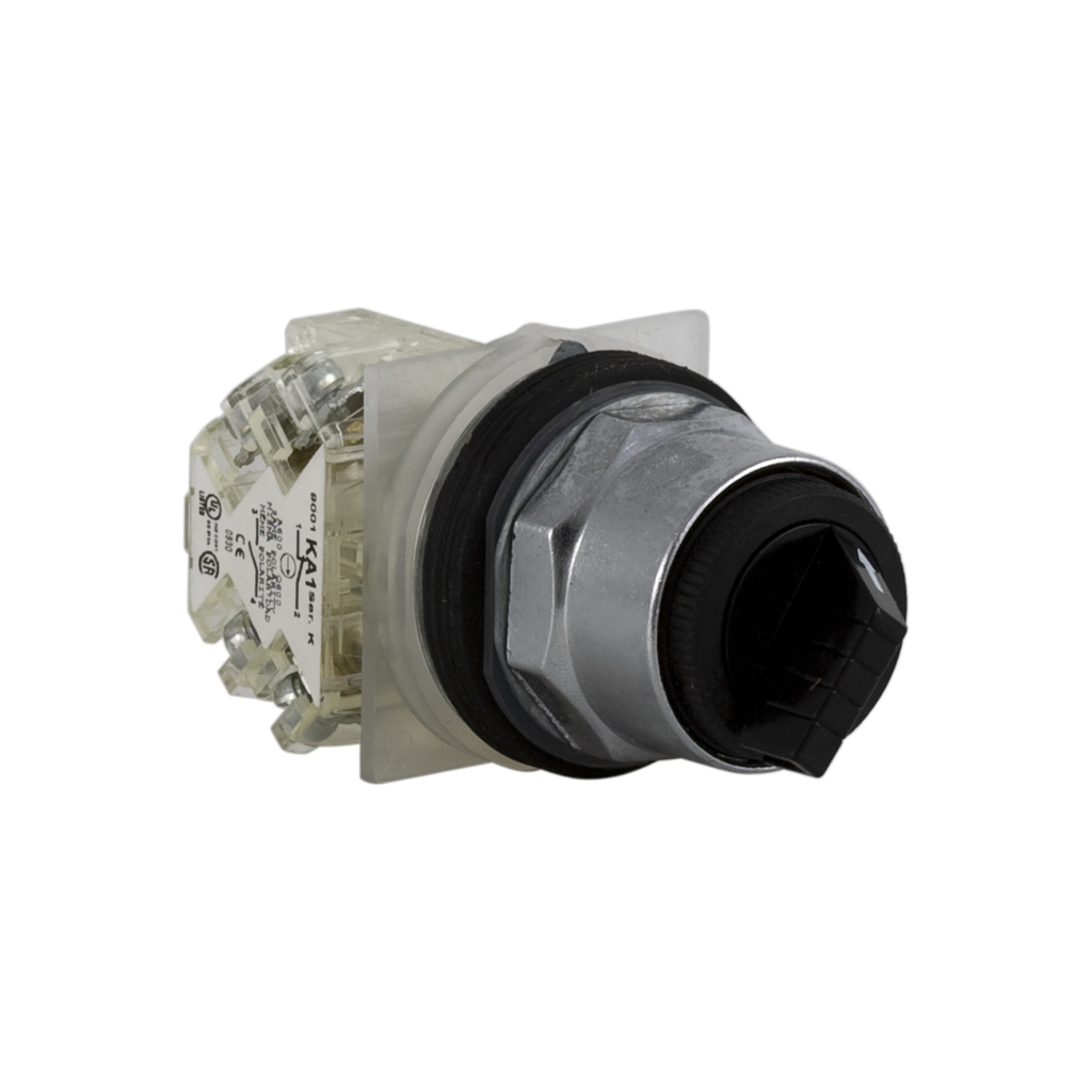 Mayer-DDS-30mm push button, Type K, 2 position selector switch, 6A inductive at 120VAC, 2NO contacts, black knob, NEMA 4, 13-1