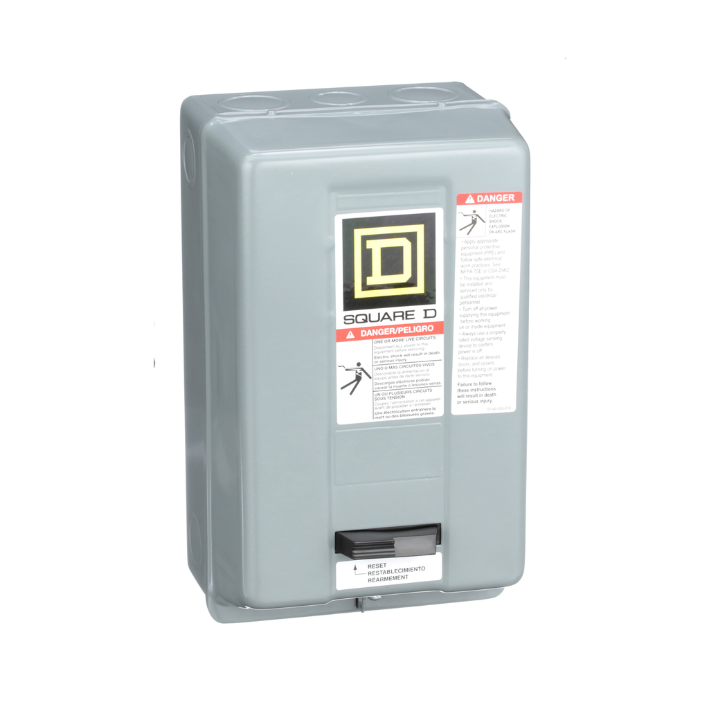8536SBG2V02H30S – NEMA motor starter, Type S, nonreversing, Size 0, 18A, 5HP at 460VAC, up to 100kA SCCR, 3 phase, 3 pole, Motor Logic, 120VAC coil, NEMA 1