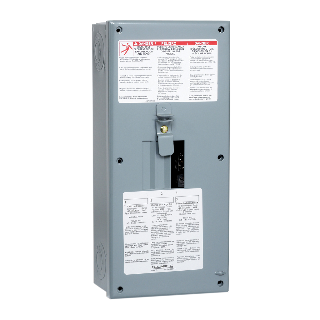 QO403L100S – Load center, QO, 3 phase, 3 spaces, 3 circuits, 100A main lugs, NEMA1, surface cover, CSA