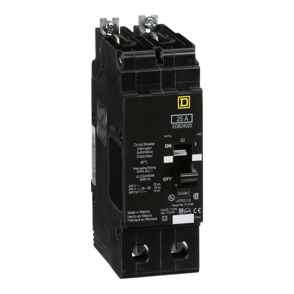 EDB24025 – Mini circuit breaker, E-Frame, 25A, 2 pole, 480Y/277VAC, 25kA max, bolt on