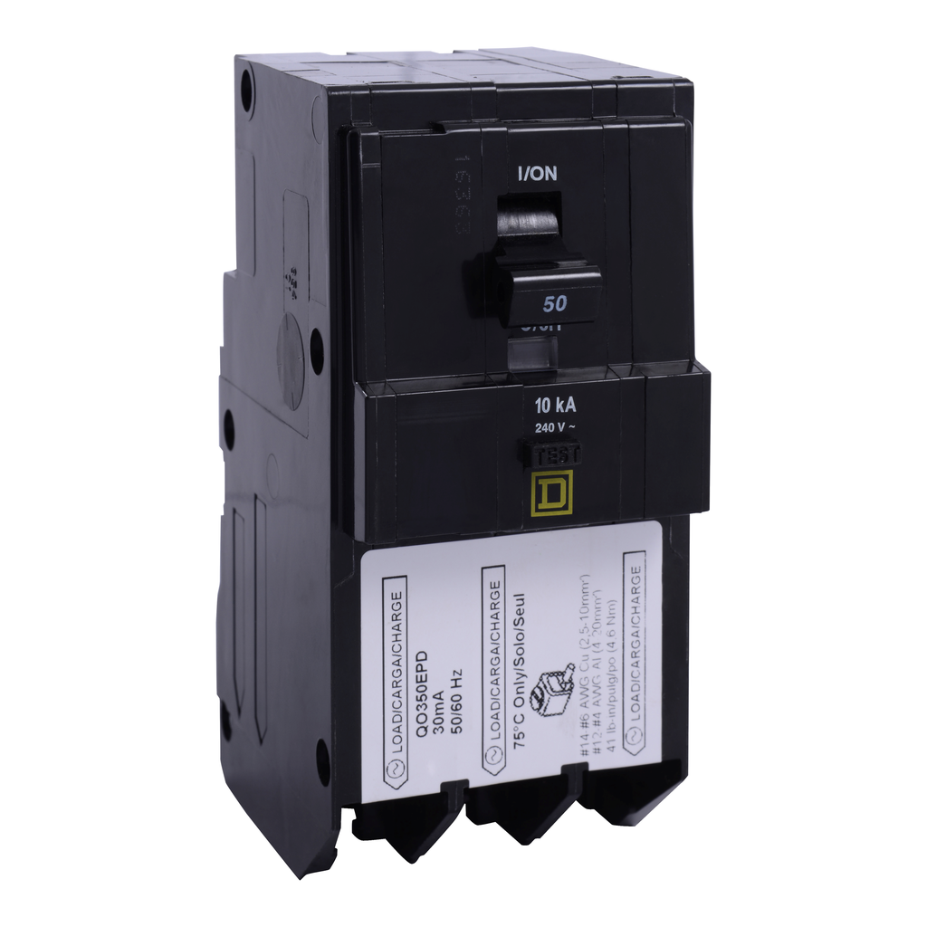 QO350EPD – Mini circuit breaker, QO, 50A, 3 pole, 240VAC, 10kA, plug in, 30mA grd fault B