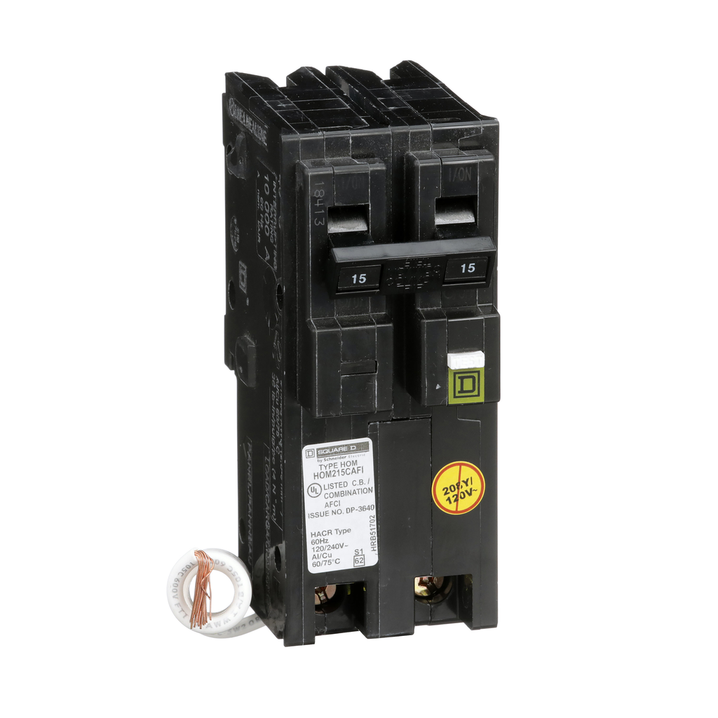 HOM215CAFIC – Mini circuit breaker, Homeline, 15A, 2 pole, 120VAC, 10kA AIR, combo arc fault, pigtail neutral, plug in, UL