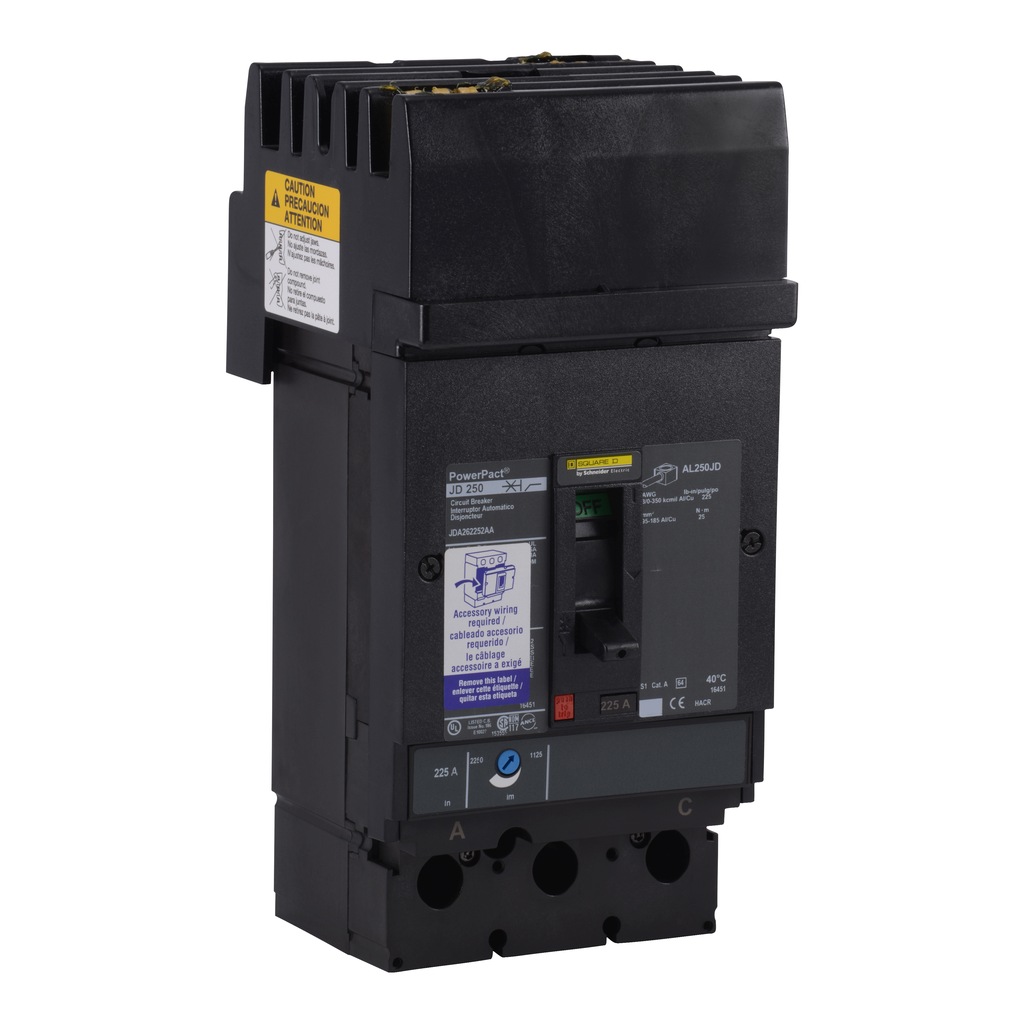 JDA36175SA – Circuit breaker, PowerPacT J, 175A, 3 pole, 600VAC, 14kA, I-Line, thermal magnetic, 80%, ABC, shunt