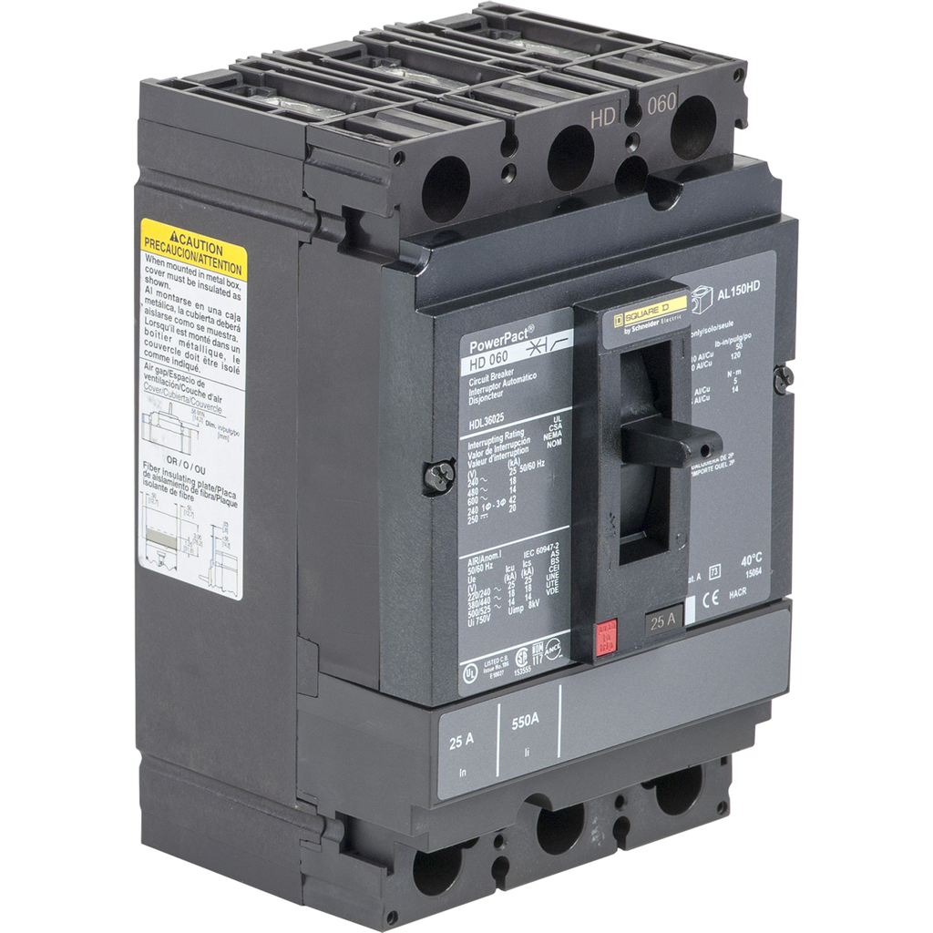 HGL36015C – Circuit breaker, PowerPacT H, 15A, 3 pole, 600VAC, 18kA, lugs, thermal magnetic, 100%