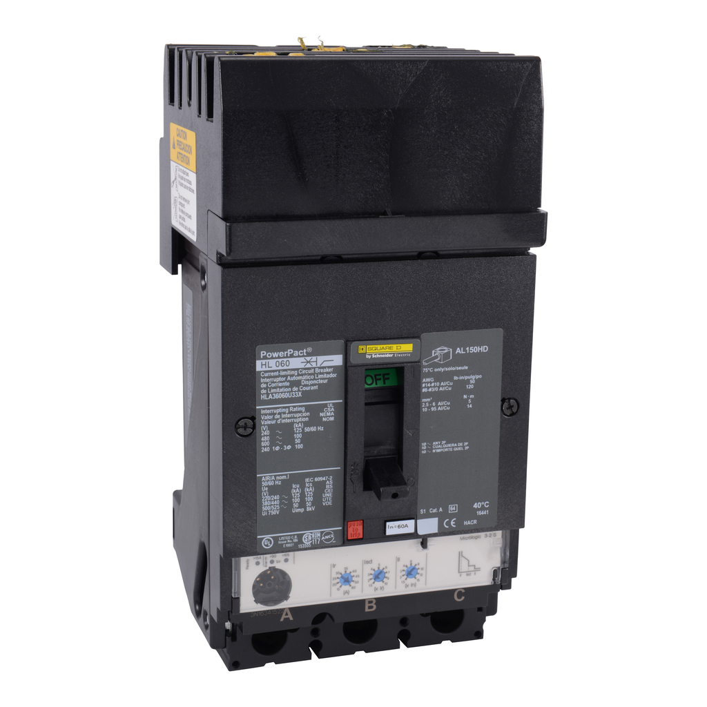 HDA36060U44X – Circuit breaker, PowerPacT H, 60A, 3 pole, 600VAC, 14kA, I-Line, Micrologic 6.2A, 80%, ABC