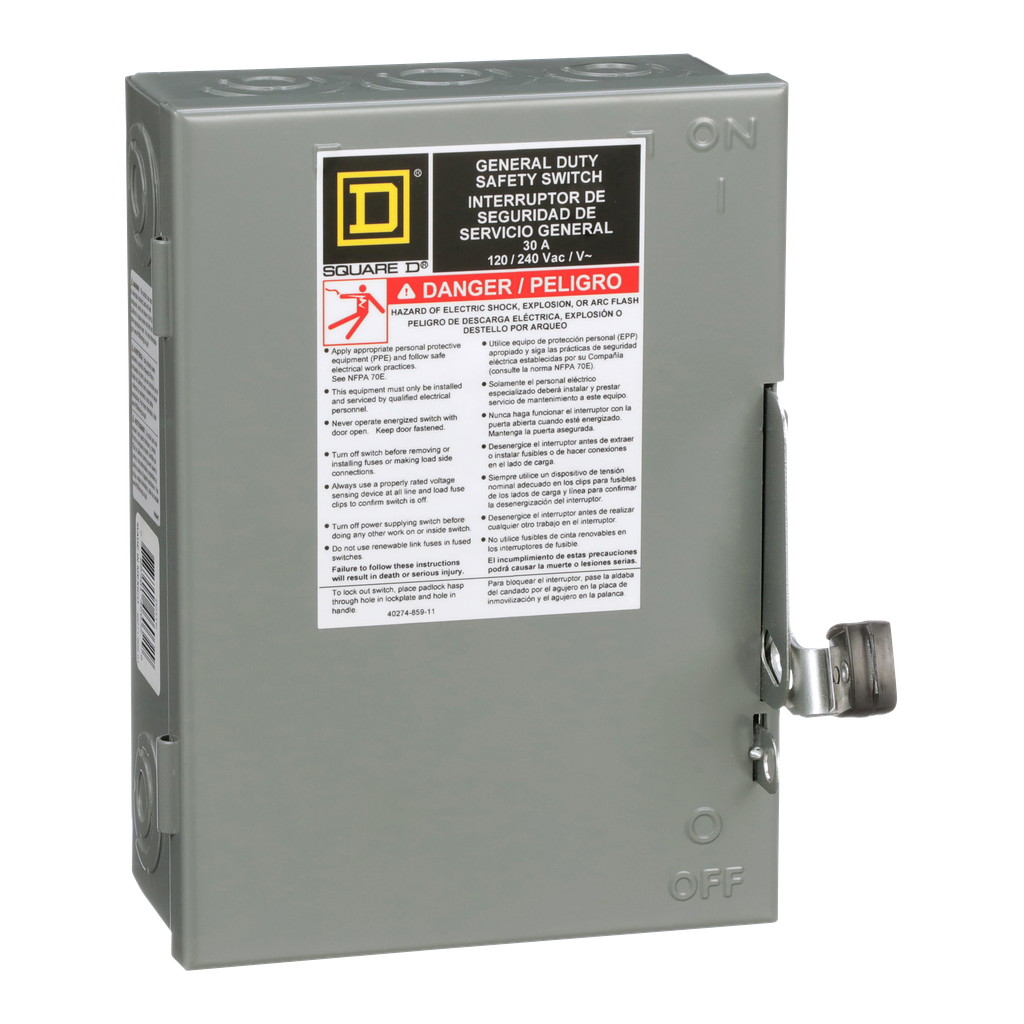 D211N – Safety switch, general duty, fusible, 30A, 2 pole, 3hp, 120VAC, NEMA 1, neutral factory installed