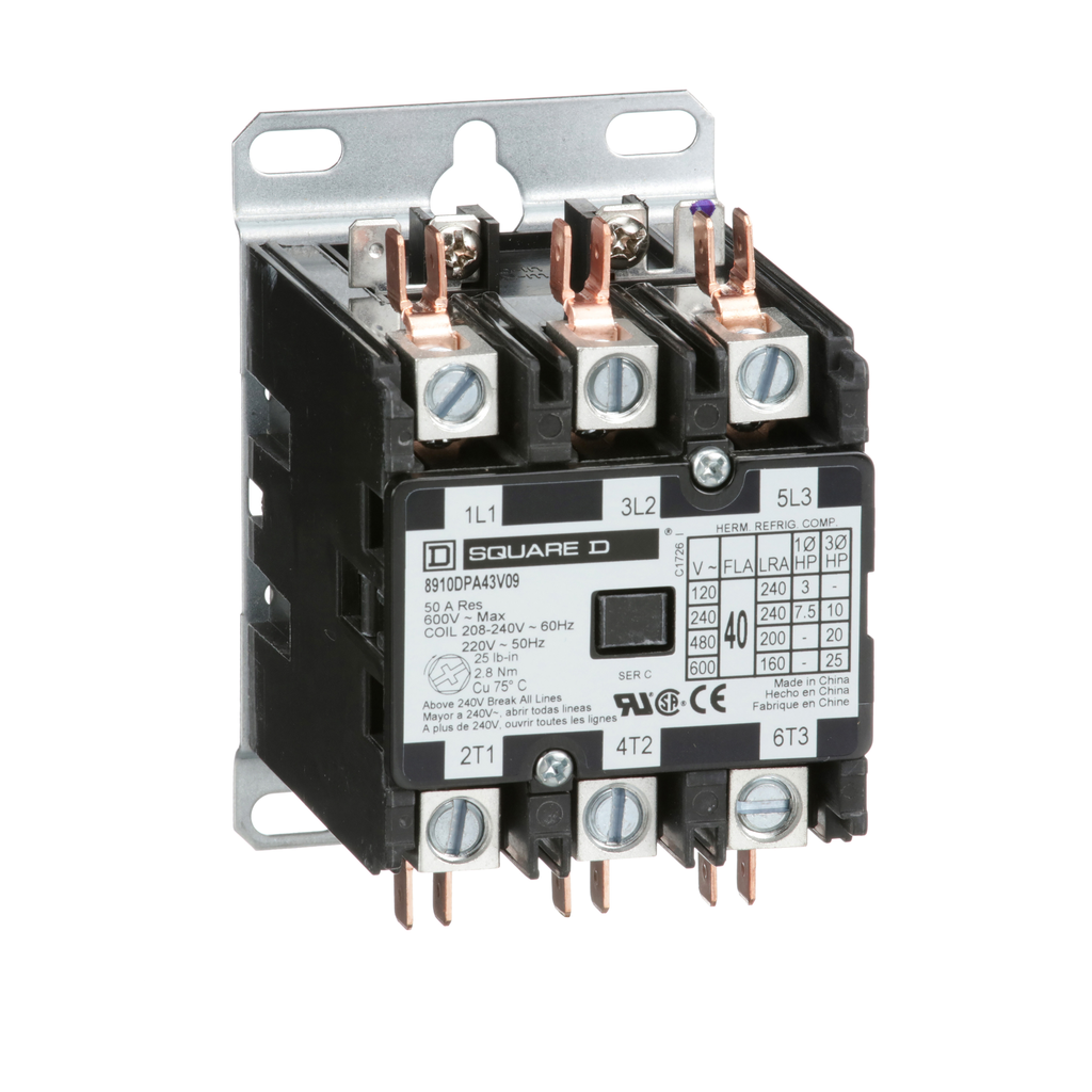 8910DPA43V09 – Contactor, Definite Purpose, 40A, 3 pole, 25HP at 575VAC, 3 phase, 208/240VAC 60Hz 220VAC 50Hz coil, open