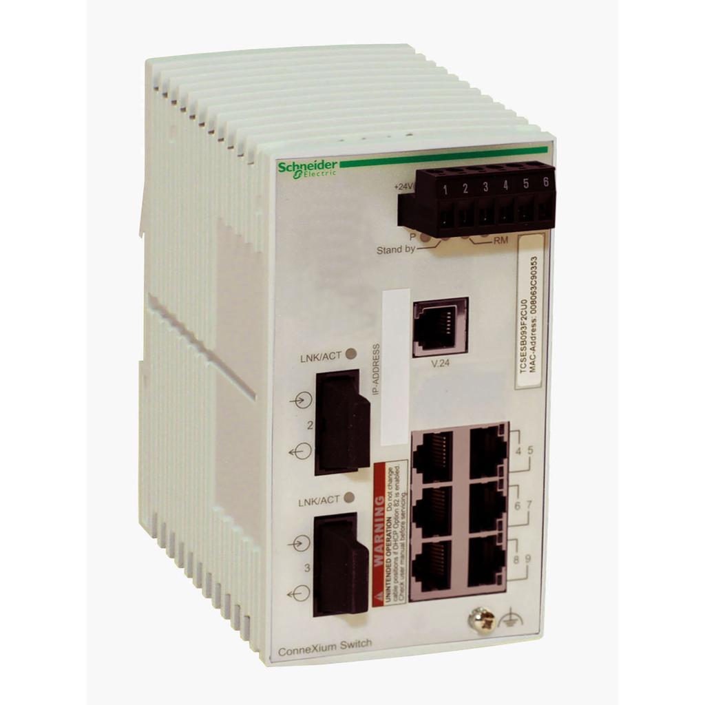 TCSESB083F2CU0 – network switch, Modicon Networking, basic managed, 6 ports for copper, 2 ports for fiber optic, multimode