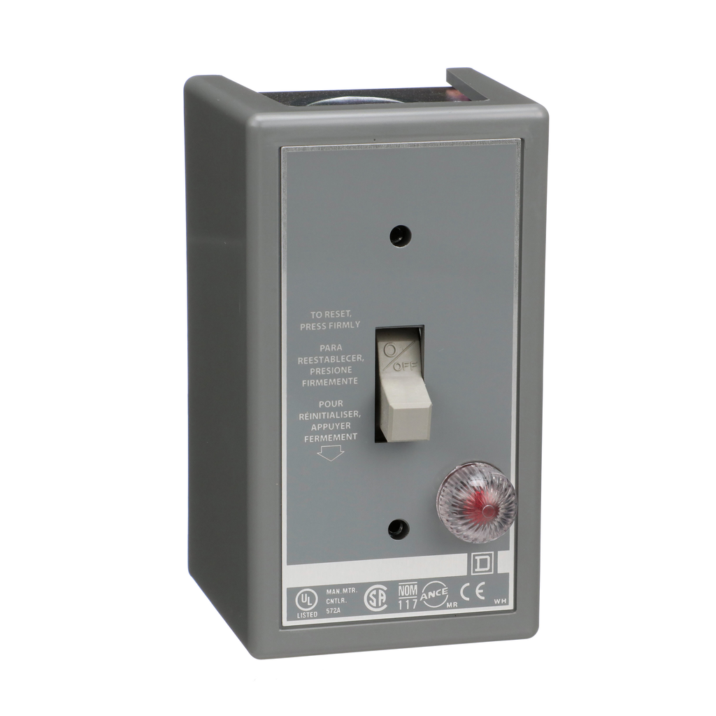 2510FG2P – Manual Starter, fractional horsepower, 16A, 2 poles, 1 HP at 277 VAC, toggle operated, red indicator, NEMA 1 enclosure