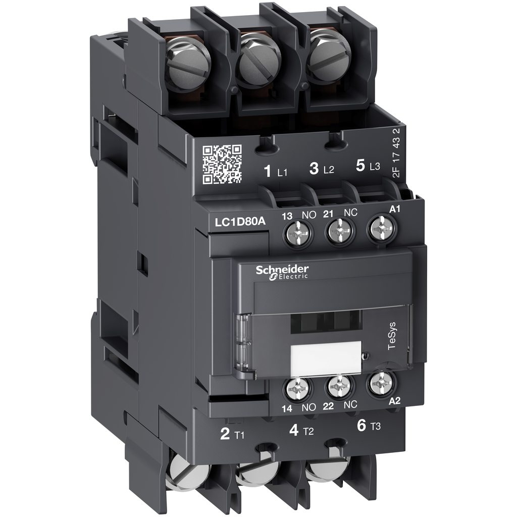 LC1D80A6P7 – IEC contactor, TeSys Deca, nonreversing, 80A, 40HP at 480VAC, 3 phase, 3 pole, 3 NO, 230VAC 50/60Hz coil, open style