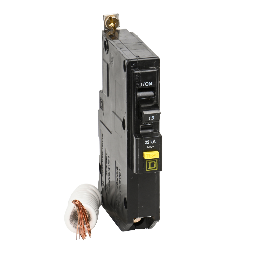 QOB115VHGFI – Mini circuit breaker, QO, 15A, 1 pole, 120VAC, 22kA, bolt on, 6mA grd fault A, pigtail